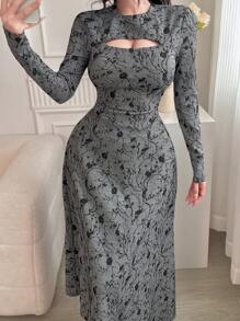 Modelyn 女士花卉提花镂空圆领长袖连衣裙长款晚礼服 - 藍色 - 查看 3