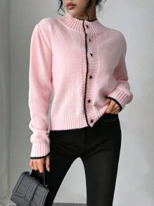 Chiquease Áo khoác Cardigan nữ có viền màu tương phản và nút vàng, thiết kế giản dị thanh lịch, tay dài - Hồng - Xem 6