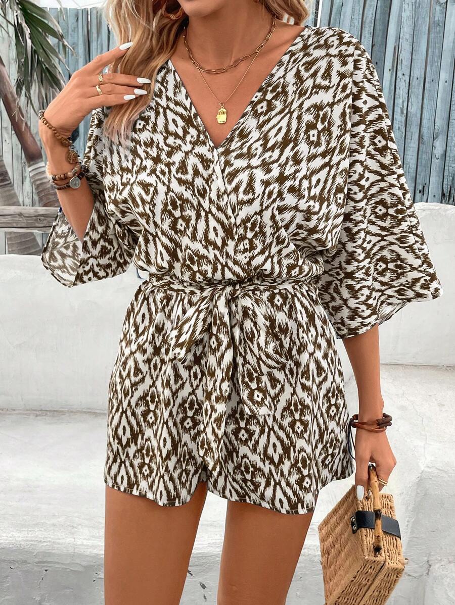 SHEIN VCAY 女式 V 领短袖前系带全身印花连体裤，简约休闲