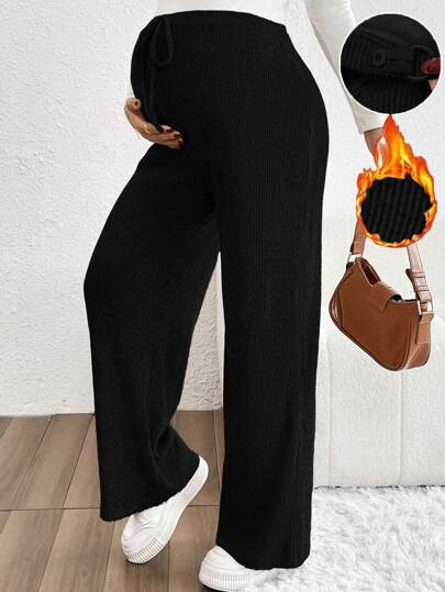 SHEIN Spodnie ciążowe w jednolitym kolorze z wysokim stanem i wiązaniem w pasie, prążkowane, luźne, codzienne