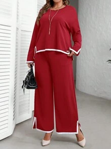 EMERY ROSE Conjunto de temporada de otoño de talla grande para mujer con blusa de cuello redondo de manga larga con abertura lateral en el bajo y pantalones de pierna ancha