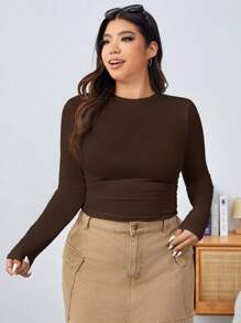 Solflare Plus Size Women Solid Color Long Sleeve Fitted T-Shirts Brown Long Sleeve Top Brown Top Chocolate Brown Top Brown Tops For Women Plus Size Brown Top,Fall Clothes For Women