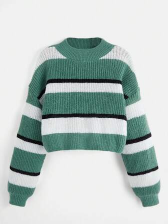 SHEIN Girlism 青少年女孩條紋圖案落肩袖套頭毛衣