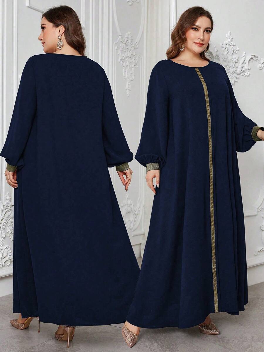 Al Najma 宽松圆领阿拉伯大码女式连衣裙，优雅朴素的阿拉伯长袍，适合日常休闲 - 藏蓝色 - 查看 1
