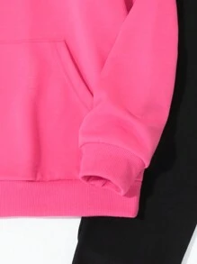 Set de 2 piezas: Sudadera con capucha suelta casual rosa con estampado de letras y leggings negros ajustados para adolescentes, otoño