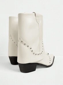 Styleloop Women's Fashion Pointed Toe Riding Boots, New Arrivals For Autumn/Winter, Multiple Styles Of Mid-Calf Boots With Rivets, Stylish Women Boots For And Vibe And Spring Shoes Spring Break Easter - White - View 4