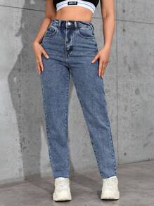 女士鬆身牛仔長褲，休閒通勤直筒款式，附帶口袋