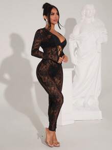 SHEIN SXY Mono de mujer de unicolor, de manga larga, transparente con aplicaciones de encaje y ajustado