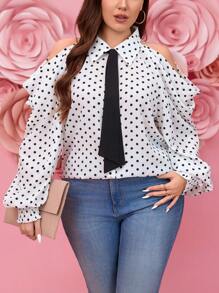 SHEIN LUNE Plus Size Elegant Polka Dot Off Shoulder Long Sleeve Shirt New Year Summer Women's Clothing