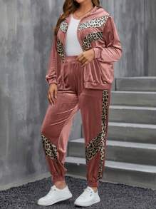 SHEIN LUNE Plus Size Women Leopard Splice Zipper Front Hooded Sweatshirt And Pants 2 Pieces Set, Casual Autumn Western Wear Women Festival Boho Hippie Cowgirl Outfit Old Money Bohemian - Dusty Pink - View 1