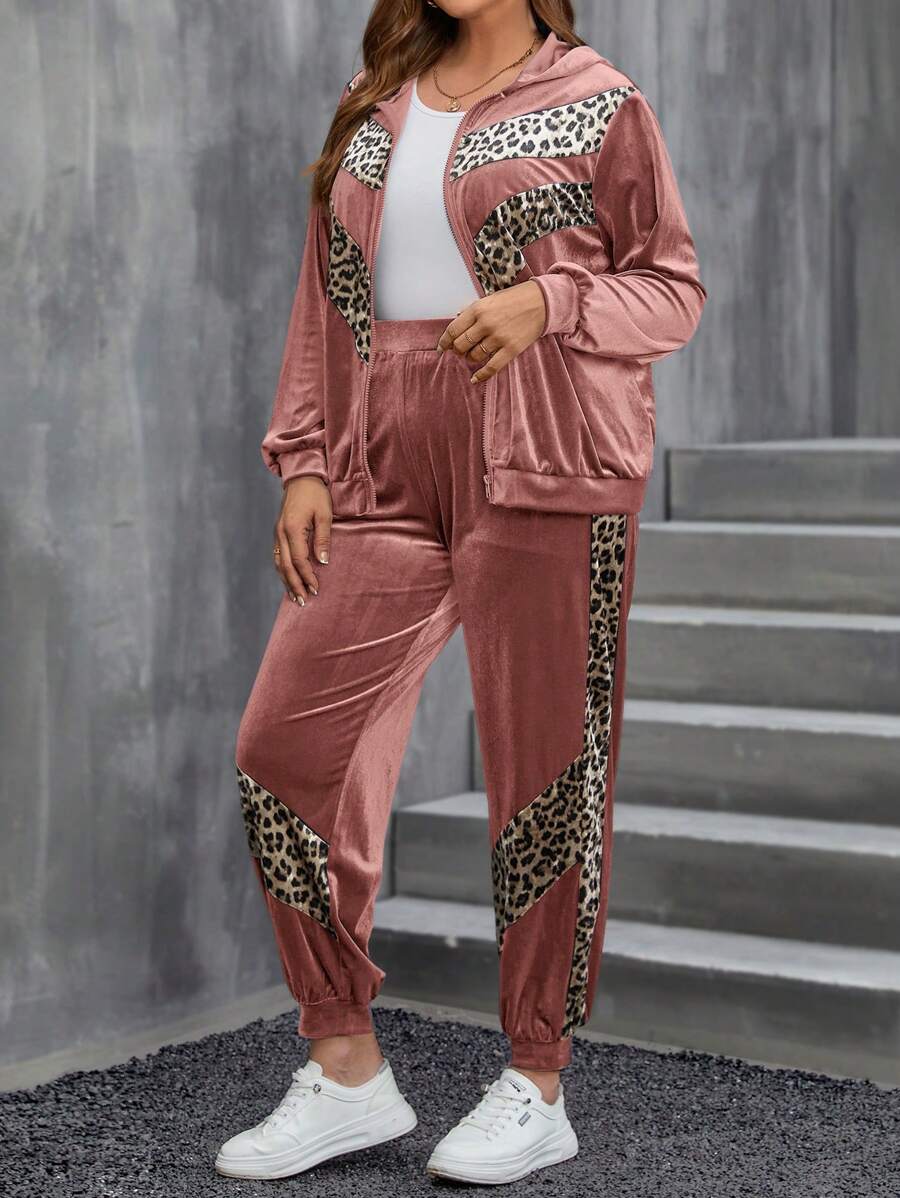 SHEIN LUNE Plus Size Women Leopard Splice Zipper Front Hooded Sweatshirt And Pants 2 Pieces Set, Casual Autumn Western Wear Women Festival Boho Hippie Cowgirl Outfit Old Money Bohemian - Dusty Pink - View 1