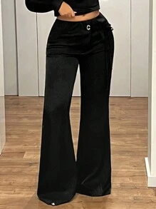 SHEIN ICON Pantalones largos y sexy con cintura extra baja, asimétricos y con cordones de encaje - Negro - Ver 4