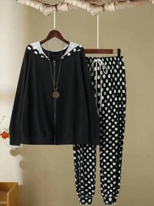 SHEIN LUNE 2pcs/Set Plus Size Patchwork Casual Hoodie Set For Autumn/Winter - Black and White - View 1