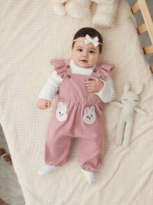 SHEIN Newborn Baby Girl Casual Corduroy Cartoon Embroidery Jumpsuit With Ruffle Hem - Dusty Pink - View 1