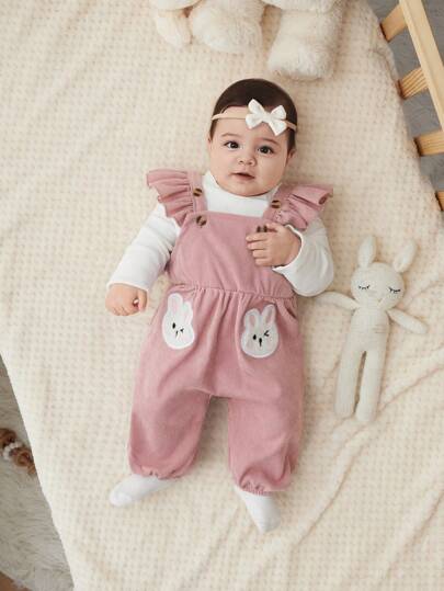 SHEIN Newborn Baby Girl Casual Corduroy Cartoon Embroidery Jumpsuit With Ruffle Hem