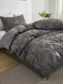 3 Stücke Polyester, weich & bequem, grau geschnittenes Blättermuster, Moderne Bettwäsche-Set (1 Bettbezug + 2 Kissenbezüge, ohne Füllung), geeignet für Heim-Dekoration, Schlafzimmer Nutzung, Ganzjährig