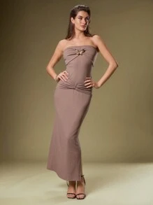 SHEIN Unity 女士金属蝴蝶装饰褶皱长裙抹胸 - 棕色 - 查看 5