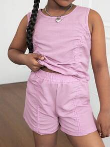 Conjunto de 2 piezas para niñas preadolescentes: top de tirantes acanalado de cuello redondo con pliegues y shorts, adecuado para salir, ir a la escuela y vacaciones de primavera/verano