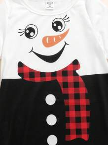 Robe pull à col rond à manches longues avec imprimé bonhomme de neige Noël, casual et confortable, pour jeunes filles - Noir et Blanc - Voir 4