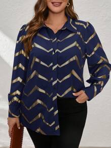 SHEIN Clasi Plus Size Long Sleeve Rhombus Print Buttoned Shirt, Elegant Business & Commuting Wear For Summer - Navy Blue - View 3