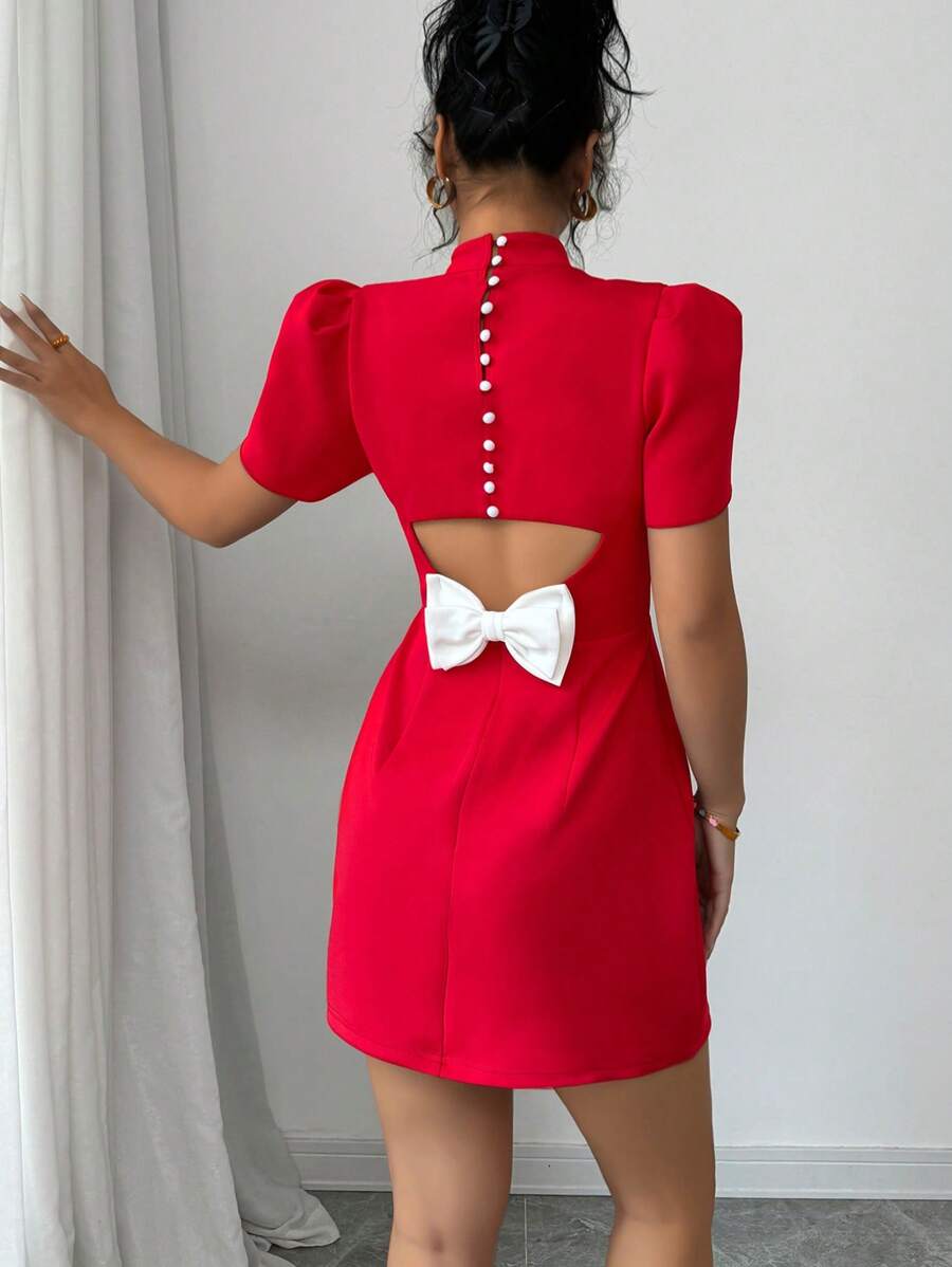 Selianne Women's Color Block Patchwork Bow Decor Short Sleeve Casual Mini Dress - Red - View 1