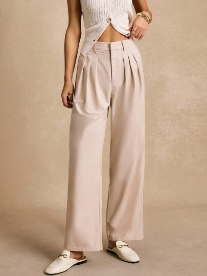 Poéselle Women Solid Color Pleated Straight Loose Casual & Office Pants,Elegant And Charming,Effortless Chic Essential,Suitable For Daily,Street,Commuting,Datingand Other Occasions To Wear