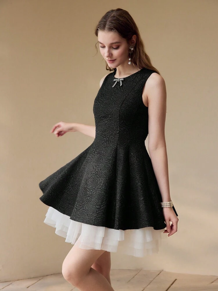 TEXTURED RHINESTONE BOW DECOR DRESS,SPRING/SUMMER