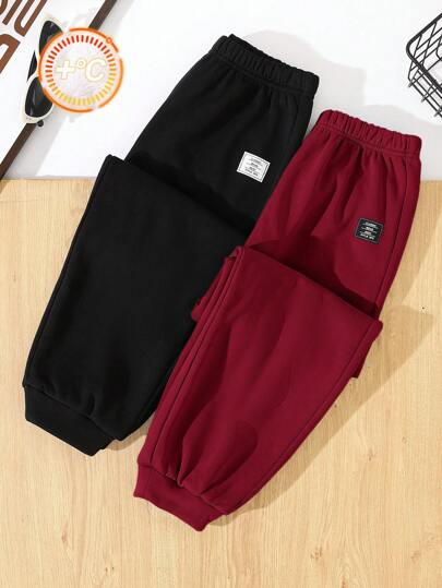 2pcs Tween Boys' Sporty Style Contrast Color Thermal Lined Sweatpants, Suitable For Autumn/Winter