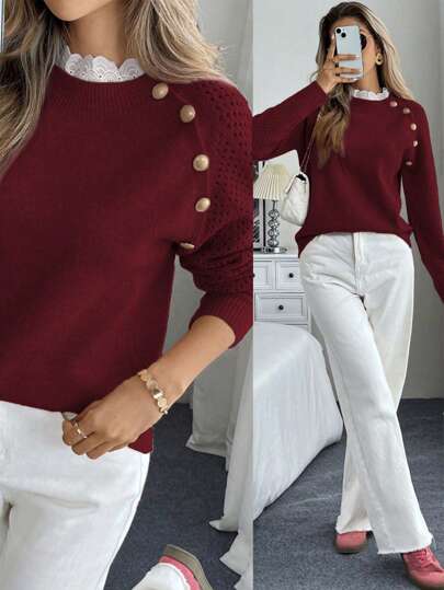 Pariaura New Style Floral Trim Round Neck Loose Casual Women Sweater,Long Sleeve Tops Knit Pullover Fall Winter, Christmas