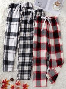 3pcs Women Plaid Print Flannel Pajama Set
