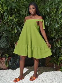 Slaydiva Vestido Curto Feminino Casual de Férias de Verão na Praia, Amarelo, Solto, Manga Única, Laço, Babado na Barra - Verde Oliva - Visão 5