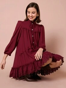Enchnt Vestido Casual Feminino de Cor Sólida com Babado, Outono - Vinho - Visão 7