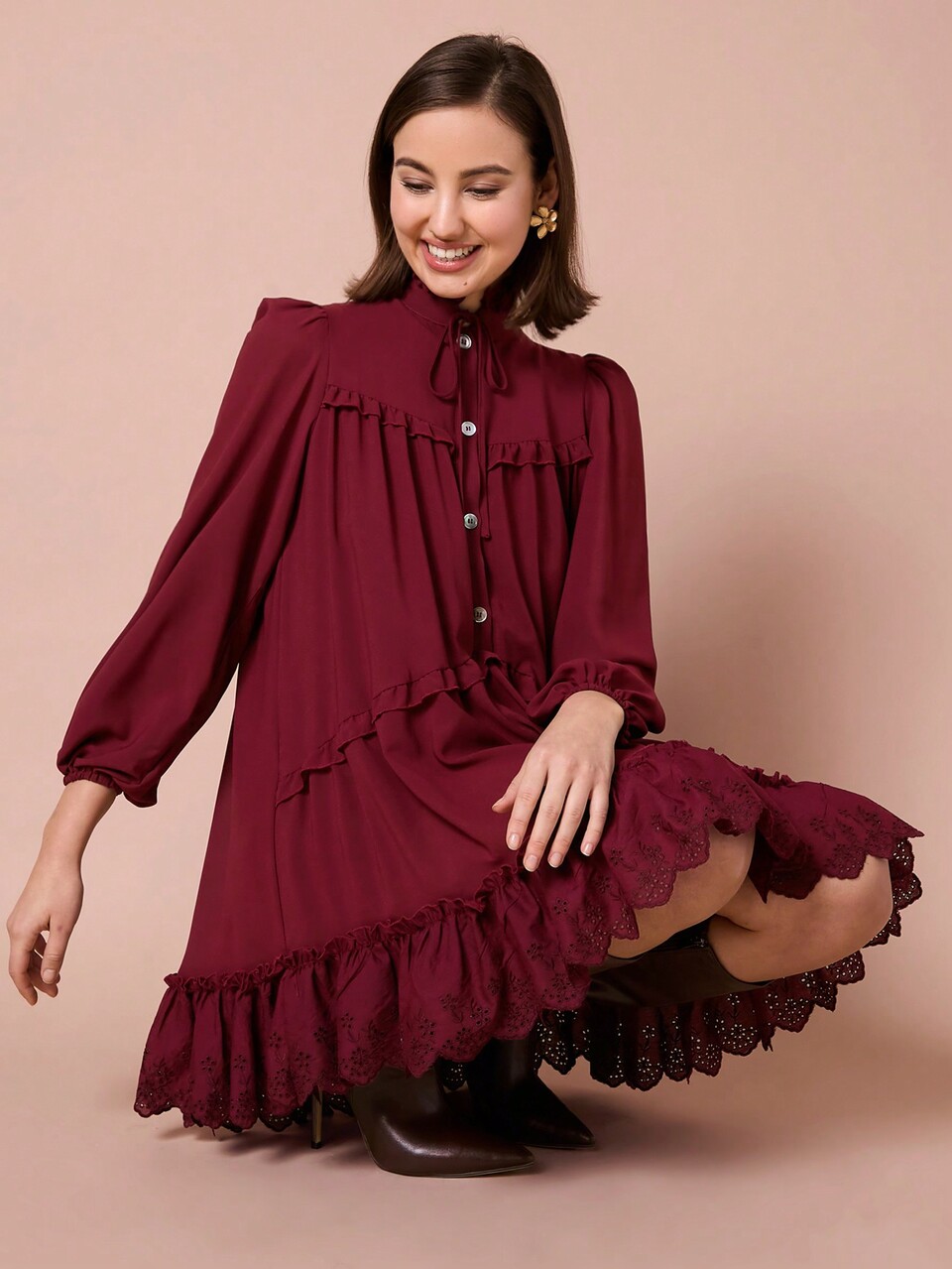 Women's Casual Solid Color Ruffle Trim Dress, Autumn