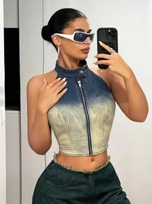 SHEIN ICON Atasan Tanpa Punggung Denim Ombre Washed Kerah Tegak Ukuran Kecil Wanita Gaya Y2k dengan Resleting Ganda - Light Wash - View 3