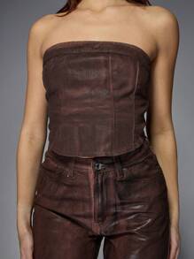 MISSGUIDED Wax Coated Denim Corset Top - Burgundy - View 7