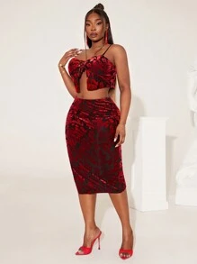 SHEIN SXY 2pcs Plus Size Women Set Rose Laser Cut Cami Top & Bodycon Skirt,Black And Red,Summer,Girlism,Night Out Club,Elegant Lady Style,Date Night,Cute - Red - View 4