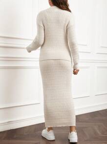 SHEIN Maternity Solid Color Drop-Shoulder Long Sleeve Single-Breasted Cardigan Sweater & Long Knitted Skirt Set, Autumn/Winter