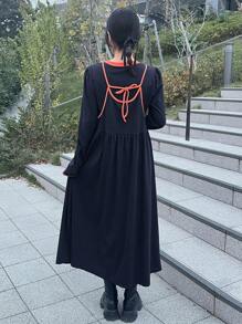 FRIFUL 2pcs/Set Women Spaghetti Strap Dress With Long Sleeve Crew Neck Top,Fall Clothes Lounge Sets For Women - Navy Blue - View 5