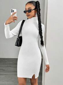 Teen Girls Bodycon Super Elastic High Neck Short Rib Knit Split Hem Sweater Dress, Suitable For Shopping And Layering In Autumn/Winter - White - View 4