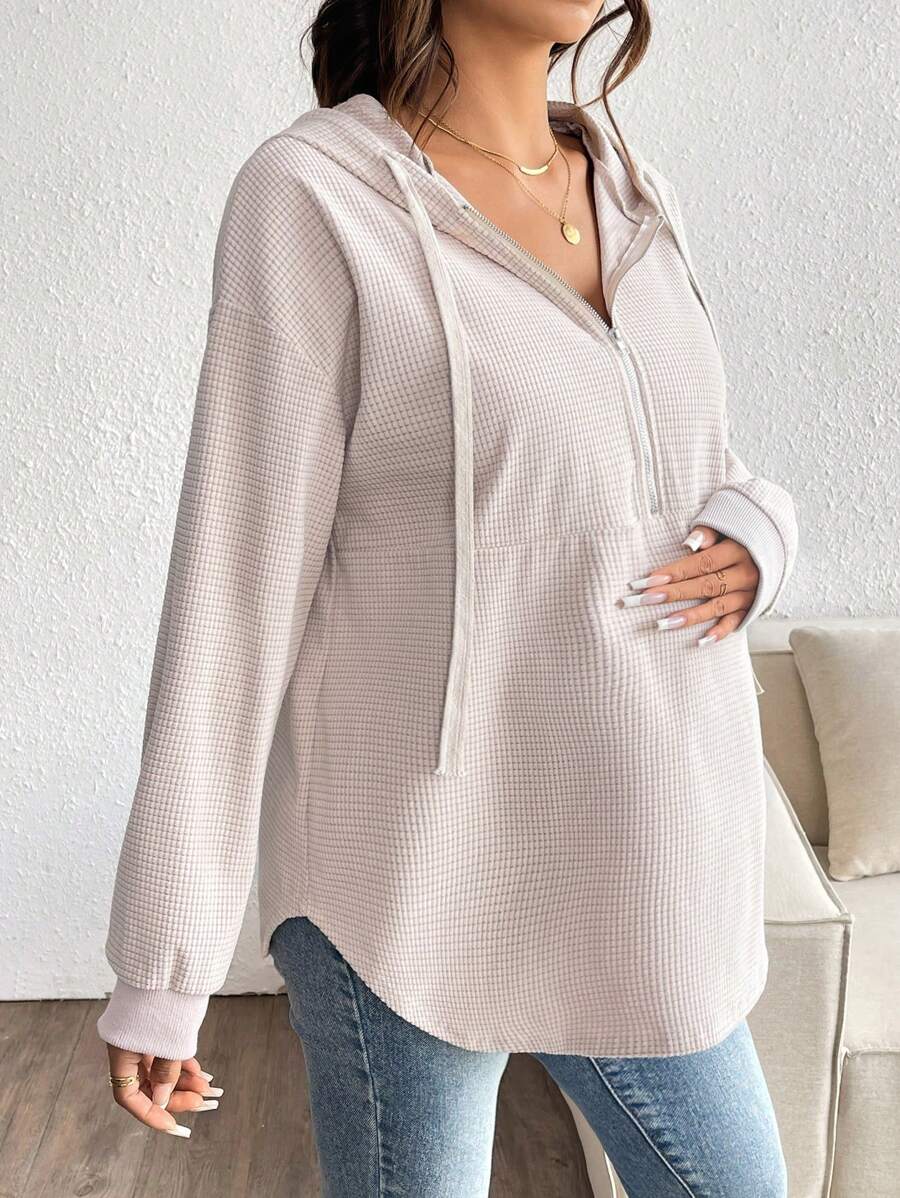 SHEIN 孕妇休闲简约拉链半开抽绳连帽运动衫，秋季 - 卡其色 - 查看 1