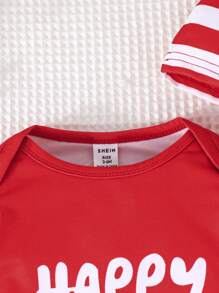 SHEIN Set de 2 piezas Pelele de Navidad para bebé niña con manga larga, estampado de árbol de Navidad y letras, rayado y con capucha - Rojo - Ver 6