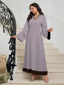 Al Najma 2024 春秋新款 V 领修身浅色阿拉伯风格连衣裙，优雅长款 Jalabiya 阿拉伯连衣裙，适合晚会/婚礼嘉宾/周年纪念，端庄 - 淡紫色 - 查看 5