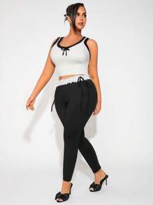 SHEIN SXY Plus Size Women Waist Tie With Floral Lace Decorative Leggings - Black - View 5