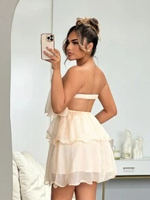SHEIN SXY Váy ngắn ống hở lưng nhiều lớp viền bèo nhún trơn màu cho nữ, Váy Valentine, Váy dự tiệc, Váy trễ vai, Váy bèo nhún - Màu be - Xem 4