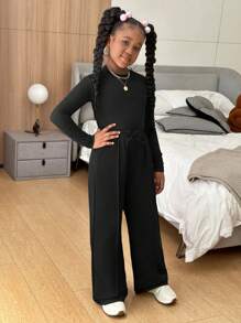 Slaydiva 青少年女孩休闲针织圆领长袖上衣和直腿裤套装