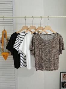 SHEIN EZwear Camisetas básicas de punto con cuello redondo, de ajuste ceñido, para mujer de talla grande, en paquete múltiple, diseño lindo para primavera