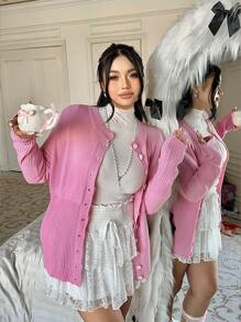 POPSWAY Fashionable & Versatile High-Quality Crew Neck Buttoned Long Sleeve Ladies Knitted Cardigan Sweater, In Pink Color With Valentine's Elements (Hearts, Polka Dots, Flowers, Etc.) Fall Cloth For Women - Pink - View 7