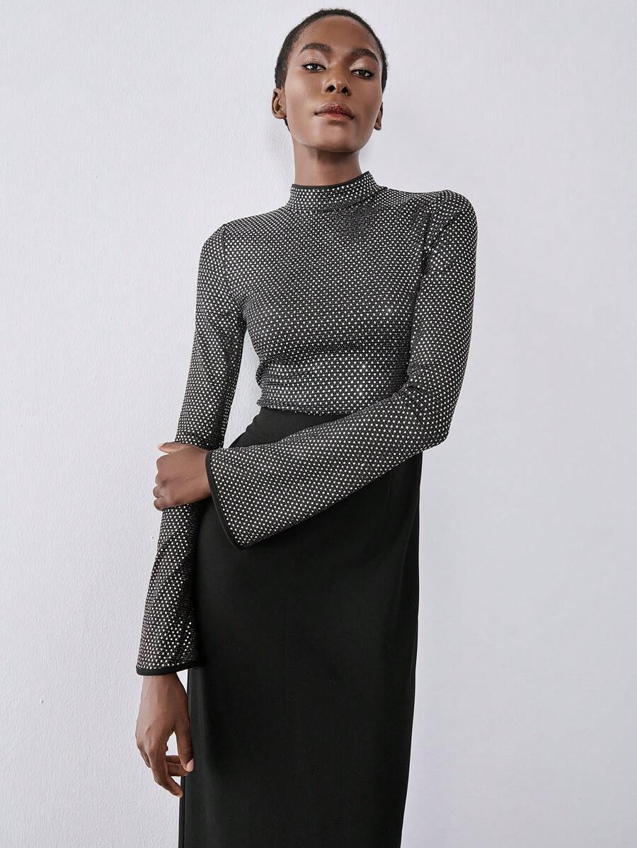 SHEIN Unity Abito elegante dritto in maglia metallica di lusso, abito lungo elegante e lucido, abito aderente a collo tondo, abito aderente con scollo a V e maniche a campana con paillettes, abito da festa per feste di vacanza, vestito lungo da donna per l'autunno - nero - Visualizzare 1