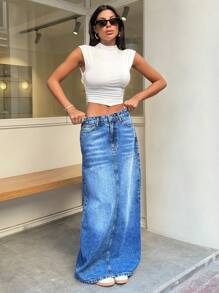 SHEIN Cottnline 100%純棉女款中腰口袋牛仔長裙 - 中等水洗藍 - 查看 4