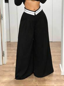SHEIN ICON Removable Contrast Waist Band Extra Wide Leg Super Long Pants - Black - View 1
